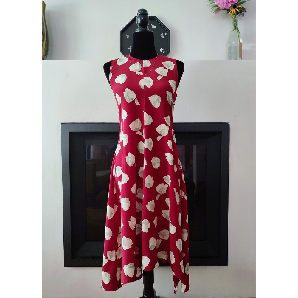 Vintage Theory silk floral red asymmetrical dress / sleeveless midi dress